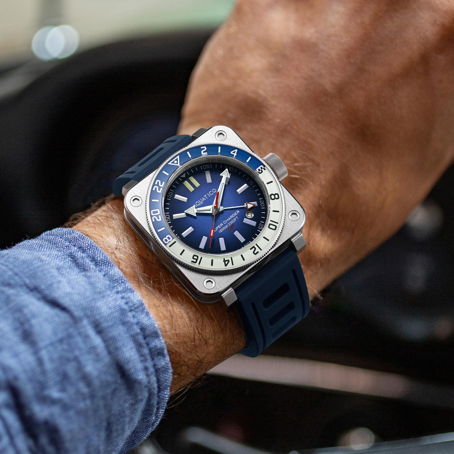 Aquatico Steel Man GMT Watch (Blue Dial Blue/White Bezel)