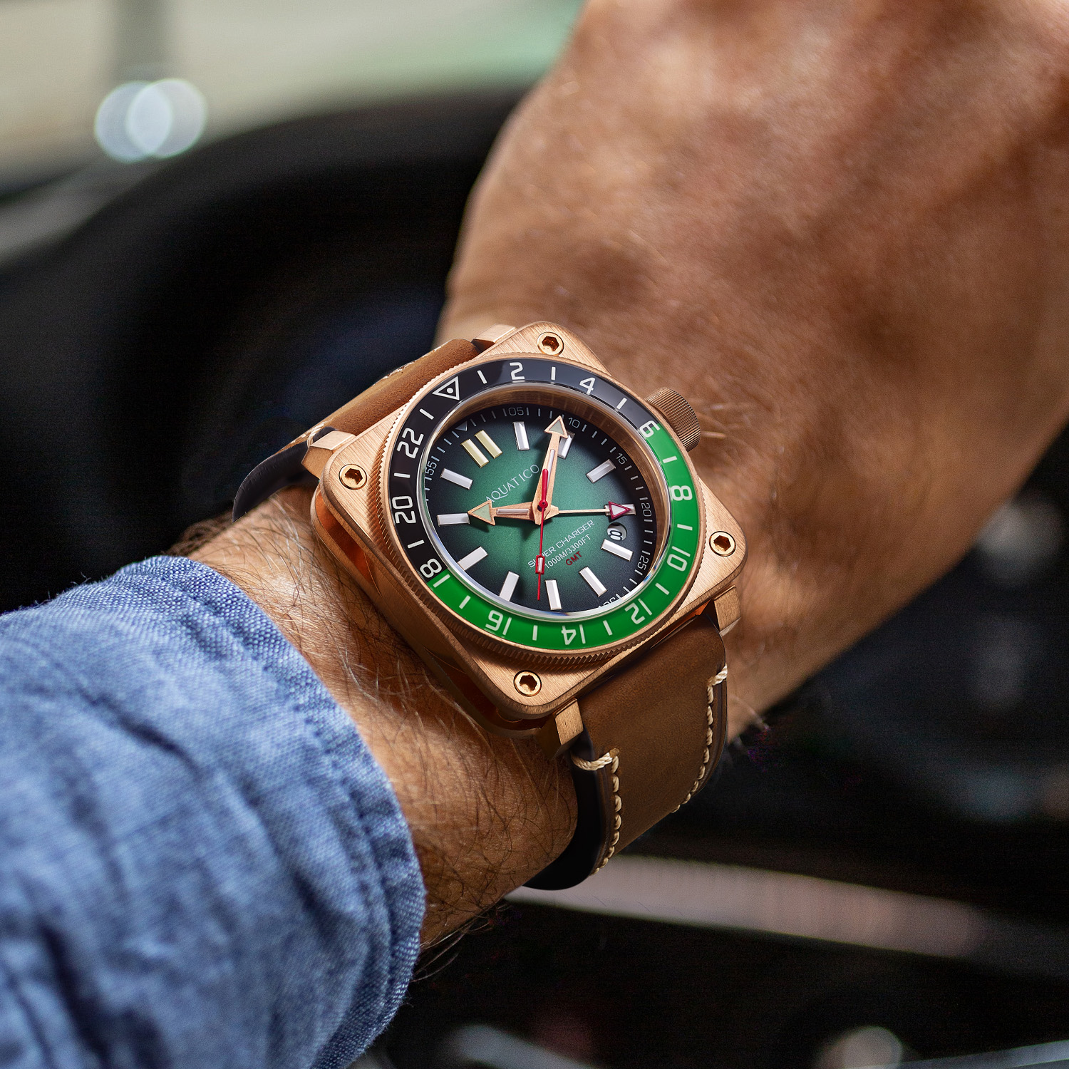 Aquatico Super Charger GMT Watch (Green Dial Green and Black Bezel)